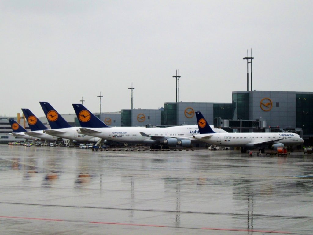 Lufthansa aircraft parked at Frankfurt Airport terminal