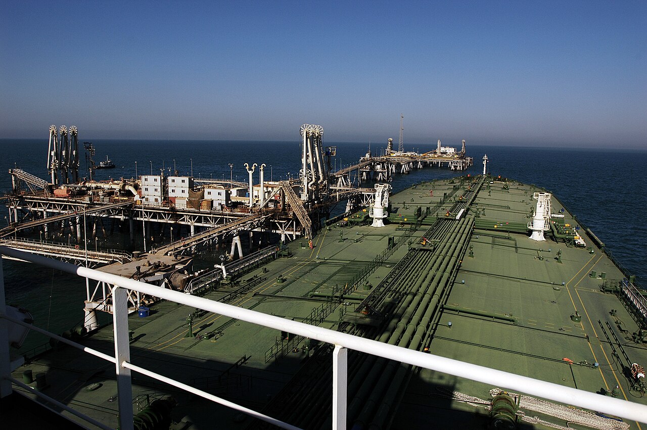 An oil tanker docked at an offshore oil terminal in the Persian Gulf