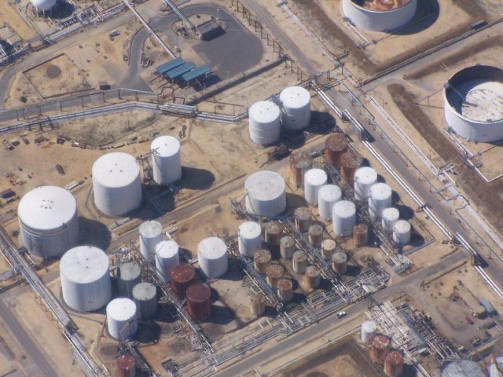 Aerial view of Fawley Oil Refinery storage tanks in the UK