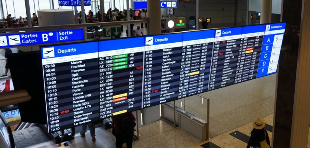 Departure information board at Geneva Airport