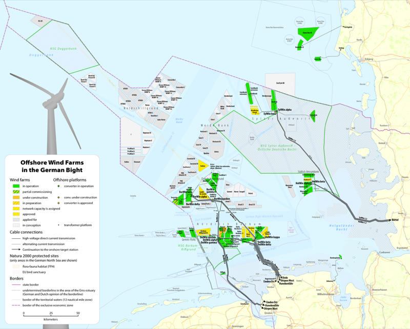 Map of offshore wind farms and HVDC cable routes in the German Bight, North Sea