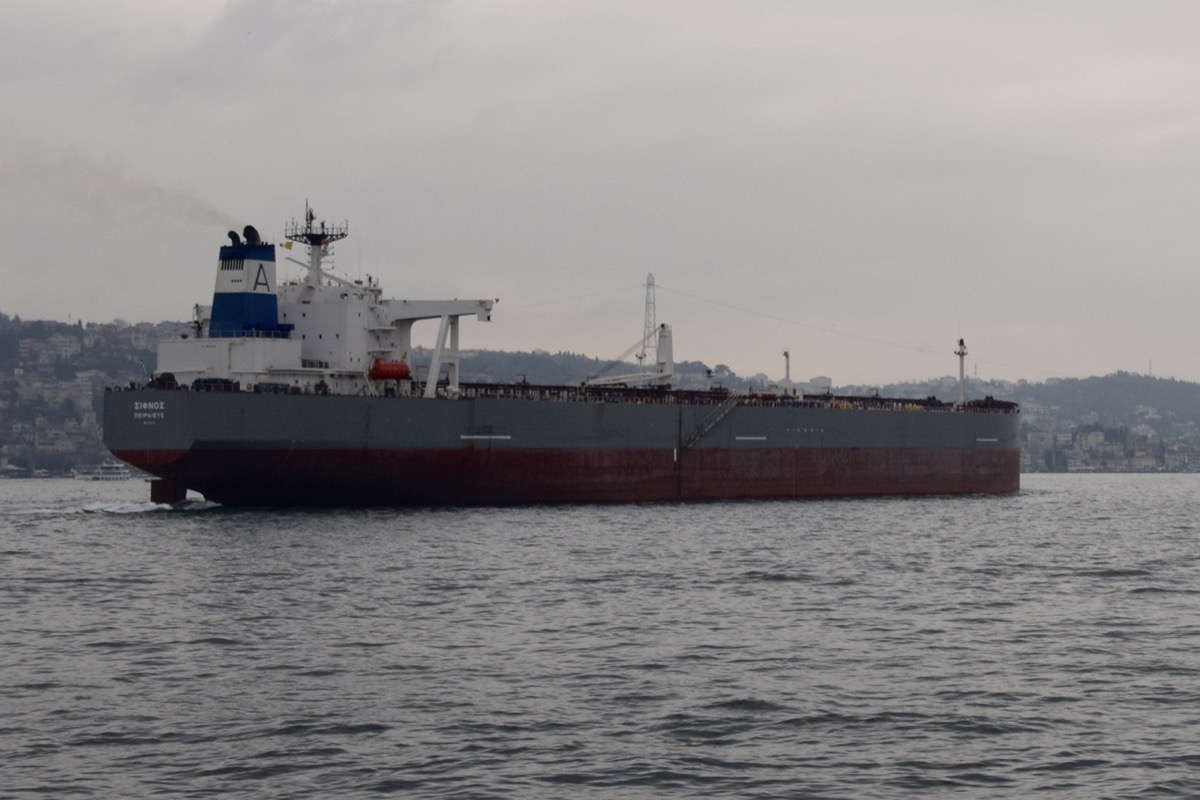 A crude oil tanker transiting the Bosphorus Strait